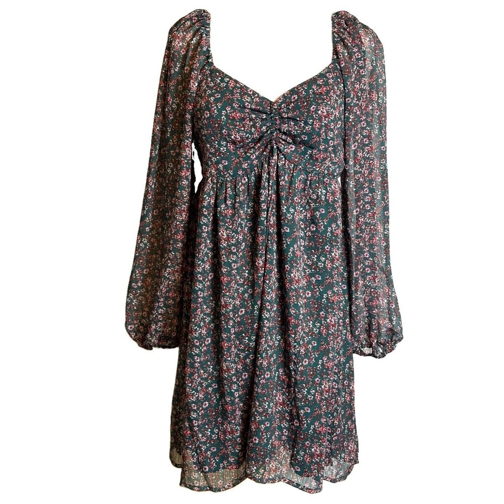 Women’s Green Floral Smocked Balloon Sleeve Short Dress M Peasant Dress